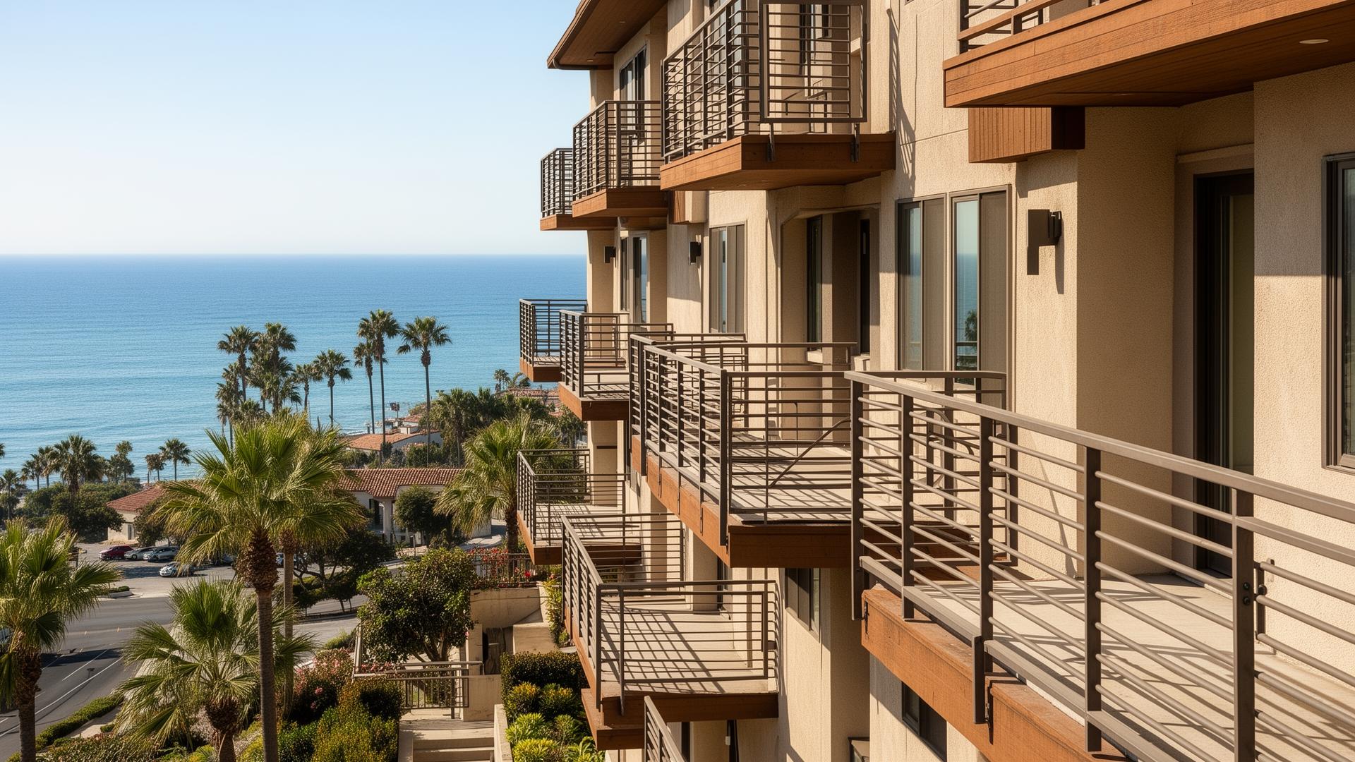 Clean multifamily balcony with metal railing in Southern California