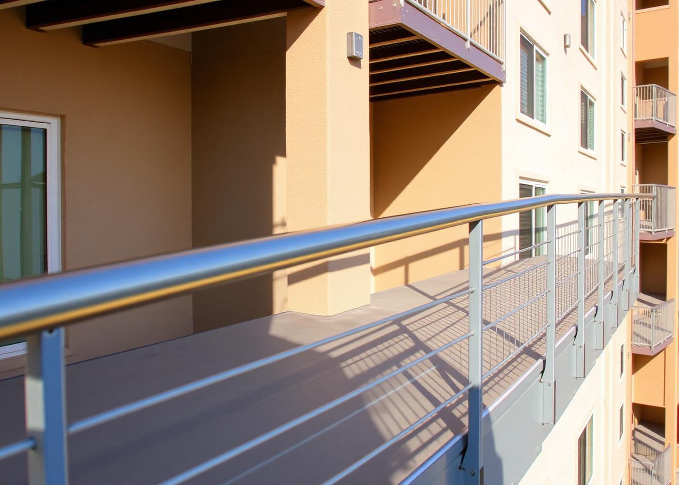 Exterior elevated walkway with metal railing on a multifamily building